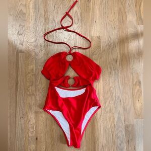 Red One Piece swimsuit, peekaboo, cut outs, o ring, medium